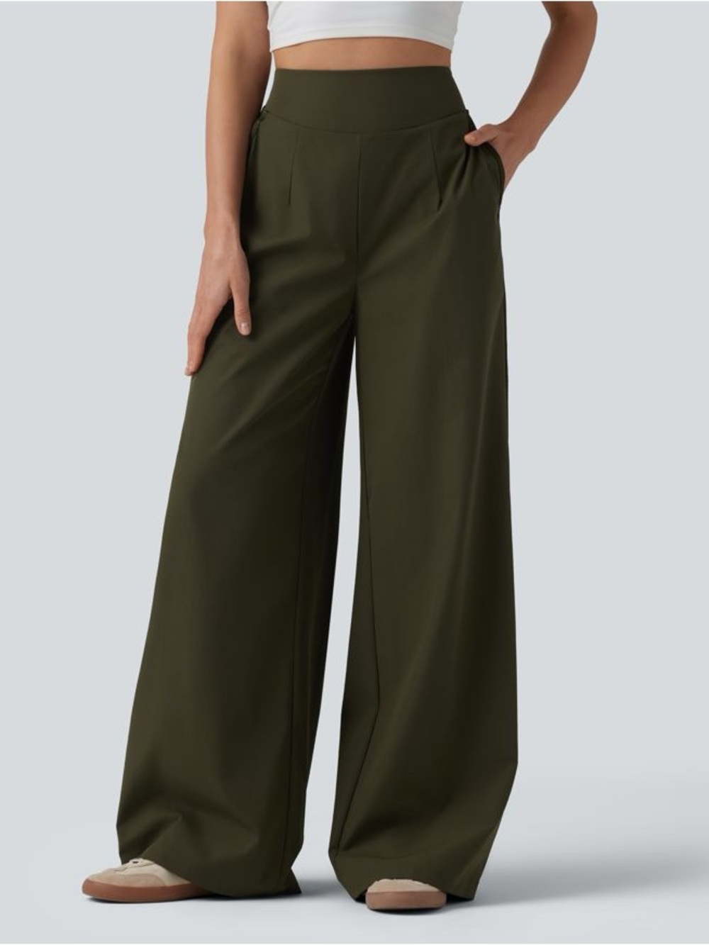 NWT Halara High Waisted Wide Leg Baggy Casual Pants M Pockets Twilight Green